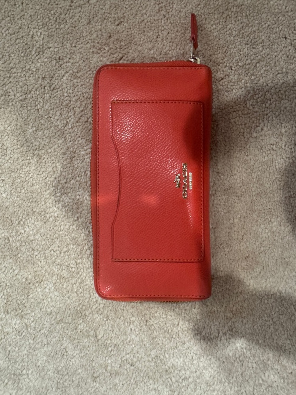 Coach Coral-Red Leather Zip-Around Wallet with Front Card Slot